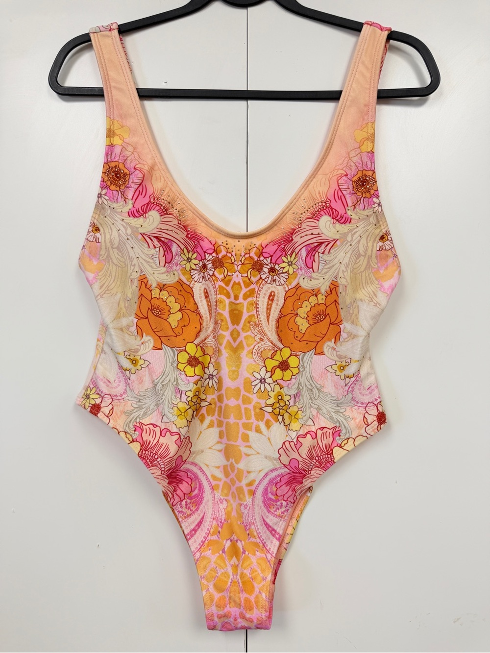 River Island Floral One Piece Swimsuit Plunge High Cut Open Back US 6 UK 10